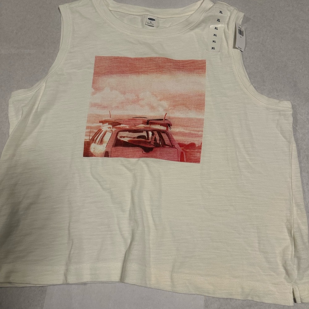 Old Navy Cream Tank Top with Pink Graphic